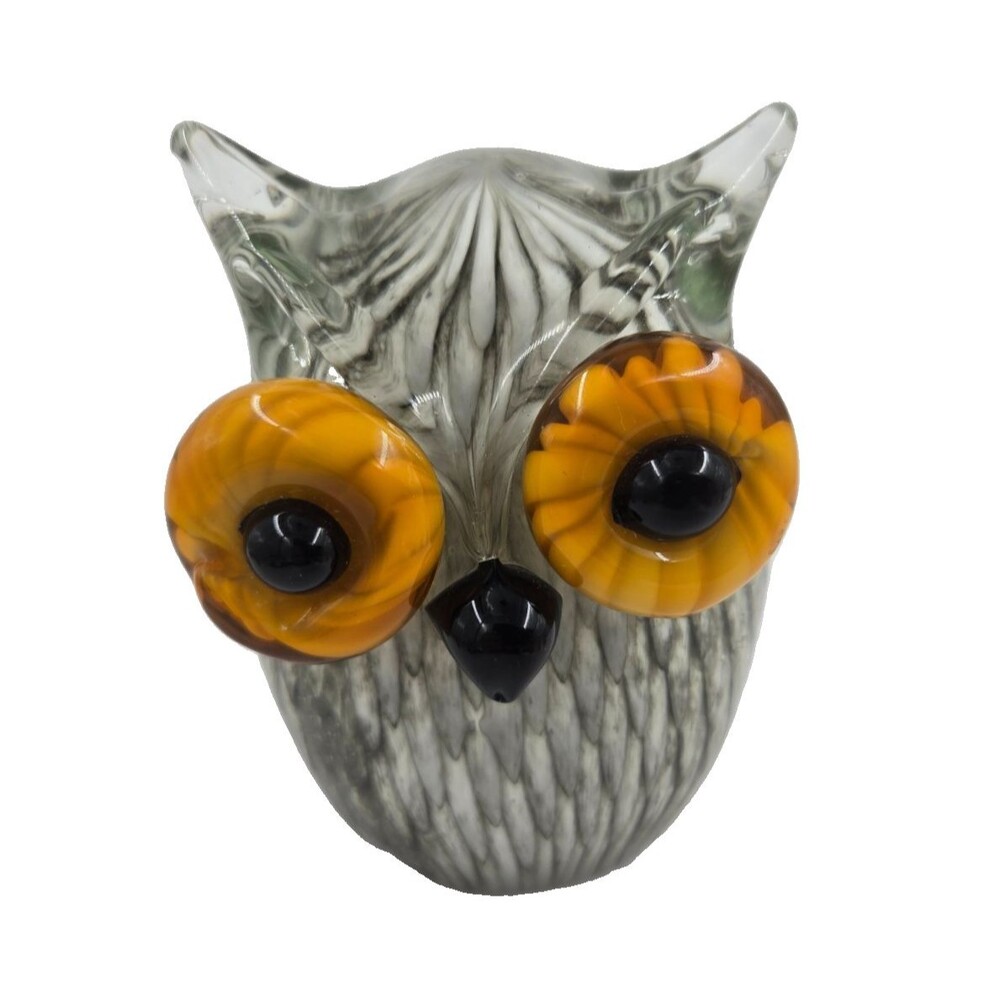Vintage Murano Style Hand Blown Glass Owl Figurine Striped Paperweight FANTASTIC